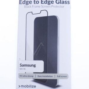 Product packaging featuring an Edge to Edge Glass screen protector designed for Samsung S24+ 5G, highlighting features like 9H ultra strong durability and easy installation.